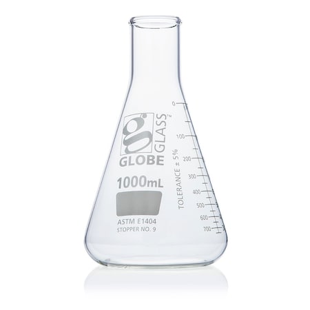 Globe Scientific Flask, Erlenmeyer, Globe Glass, 1000mL, Narrow Mouth, Dual Graduations, ASTM E1404, 6/Box 8401000